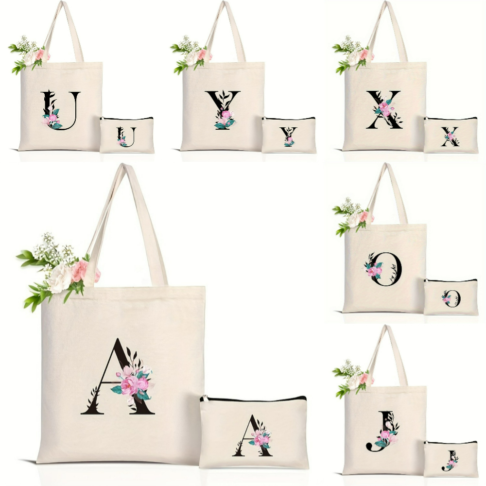 Tote Bag Canvas Print - أنيقة الأزهار الأبجدية حمل حقيبة قابلة